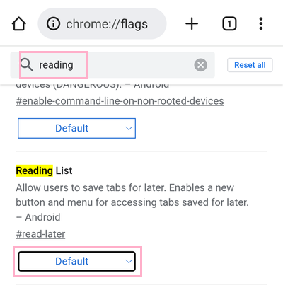 検索欄に「reading」と入力→「Reading List」項目のプルダウンメニューから「Enabled (with app menu item)」を選択