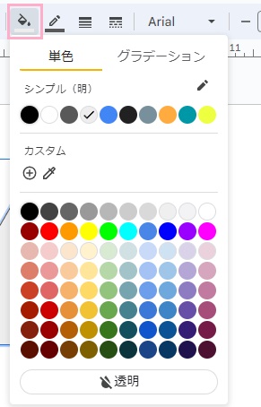 「塗りつぶしの色」アイコンをクリックし、カラーパレットから変更したい図形の色を選択