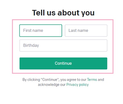 「First name」に名・「Last name」に姓・「Birthday」に生年月日を西暦で入力して、「Continue」ボタンをクリック
