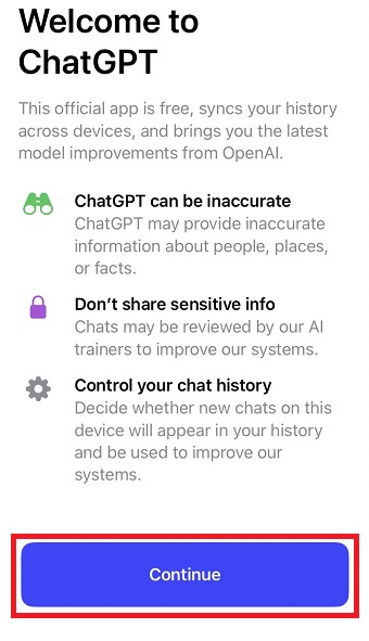 「Continue」をタップ