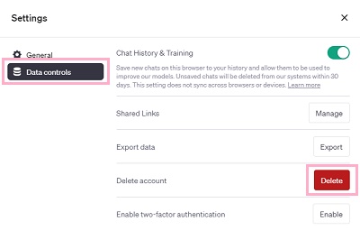 「Data controls」→「Delete」ボタンをクリック