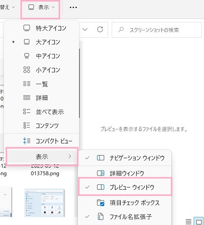 「表示」→「表示」→「プレビューウィンドウ」をクリック