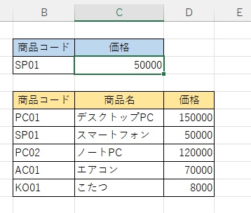 商品コード「SP01」の価格である「50000」を検索することができた