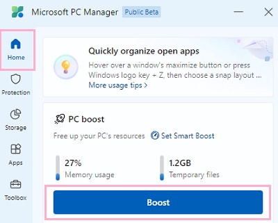 「Home」→「Boost」ボタンをクリック