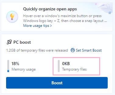 「Tenporary files」が「0KB」になっていることが確認できる