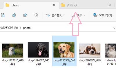 コピーしたいファイルをドラッグして、貼り付けたいタブにドロップ