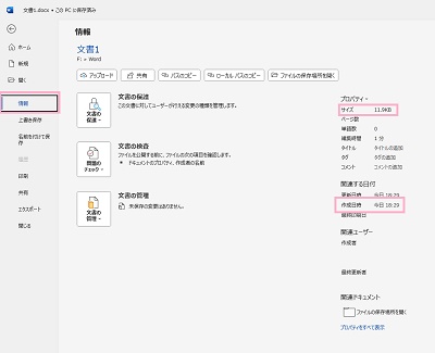 「情報」をクリック→「プロパティ」の「サイズ」でファイルの容量・「関連する日付」の「作成日時」からファイルの作成日を確認できる