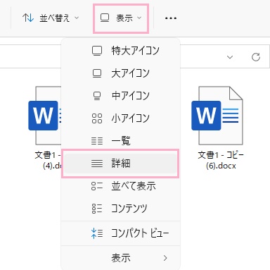 「表示」→「詳細」をクリック