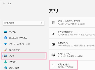 「アプリ」→「オプション機能」をクリック
