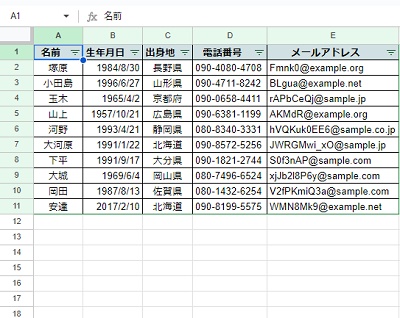 A1セルからE11セルまでの表にフィルターがかけられている状態