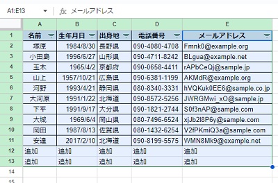 フィルタの再作成が行われ、追加したデータ範囲もフィルタでのソート対象範囲となった