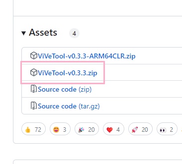 「ViVeTool-v.0.3.3（バージョンは2023年10月3日現在）」をクリック