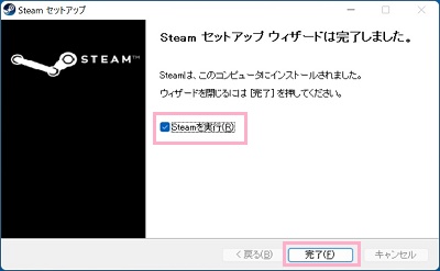 「Steamを実行」のチェックボックスがオンになっていることを確認したら「完了」をクリック
