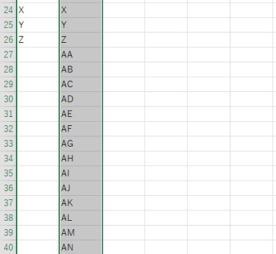 オートフィルを使用してZの後に「AA、AB、AC」とアルファベットを連続入力できた