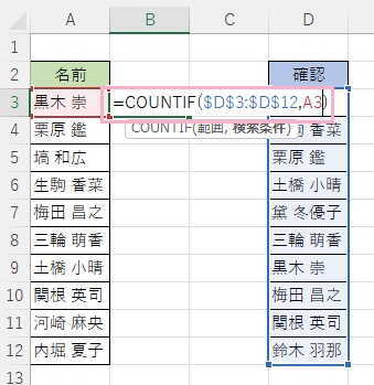 B3セルに「=COUNTIF($D$3:$D$12,A3)」と入力