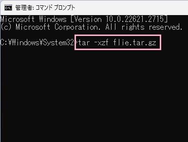 「tar -xzf (ファイル名).tar.gz」と入力してEnterキーを押す