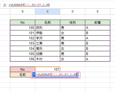 C12セルに「=VLOOKUP(C11,B3:E9,2,0)」と入力