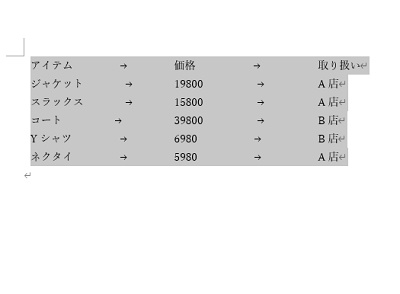 選択した表から表形式を解除することができた