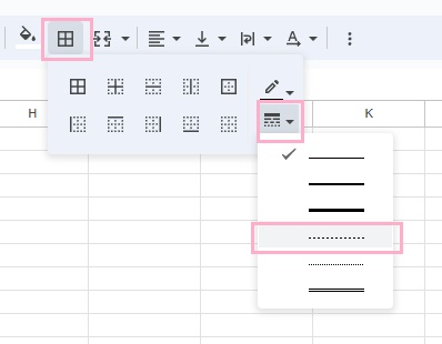 「枠線」をクリック→「枠線のスタイル」→点線をクリック