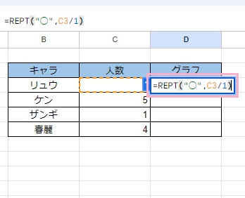 D3セルに「=REPT("◯",C3/1)」と入力