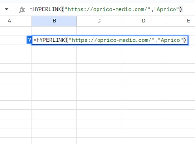 B2セルに「=HYPERLINK("https://aprico-media.com/","Aprico")」と入力
