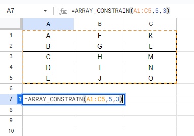 A7セルに「=ARRAY_CONSTRAIN(A1:C5,5,3)」と入力