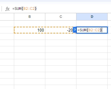 B2セルに「100」・C2セルに「-200」を入力して、D2セルで「=SUM(B2:C2)」と関数を入力