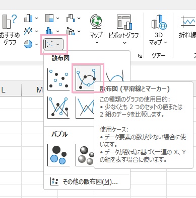 「散布図」→「散布図（平滑線とマーカー）」か「散布図（平滑線）」のどちらかを選択