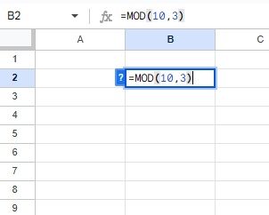B2セルに「=MOD(10,3)」と入力