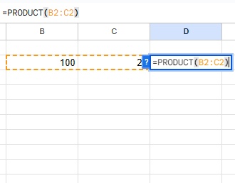 D2セルに「=PRODUCT(B2:C2)」と入力