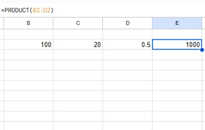 E2セルに「=PRODUCT(B2:D2)」と入力