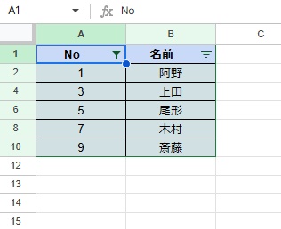 ヘッダー部分のフィルターボタンが有効になっている