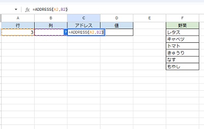 C2セルに「=ADDRESS(A2,B2)」と入力