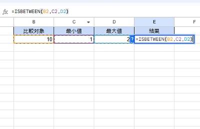 E2セルに「=ISBETWEEN(B2,C2,D2)」と入力
