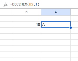 DEC2HEX関数による表記の変換が行われ、16進数の「A」が出力された