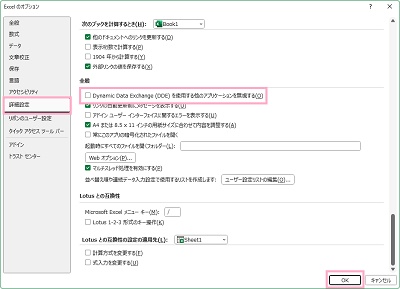 「詳細設定」→「Dynamic Data Exchange ( DDE ) を使用する他のアプリケーションを無視する」のチェックボックスを無効化してから「OK」をクリック