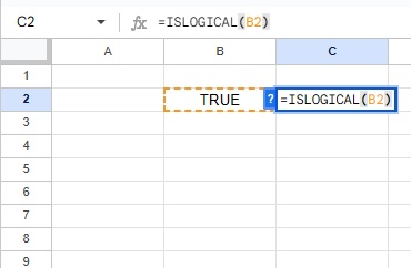 C2セルに「=ISLOGICAL(B2)」と入力