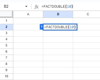 B2セルに「=FACTDOUBLE(10)」と入力