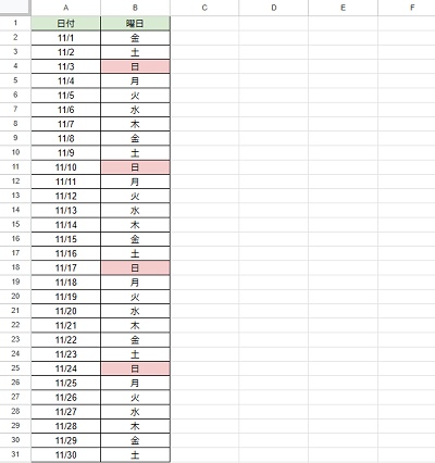 曜日列の「日」のにみ自動で赤色を割り当てることができた