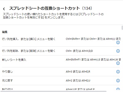 Excel互換のショートカットキーのみを表示させることができた