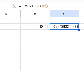 C3セルにB2セルの時刻文字列「12:30」のシリアル値を出力できた