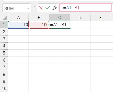 「数式バー」では、選択中のセルの数値・数式を確認することができる