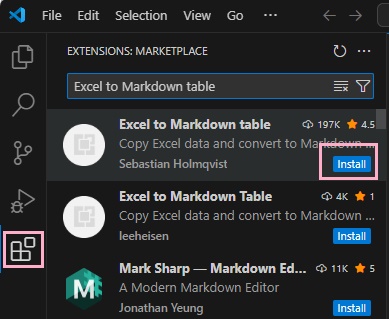 「Extensions」をクリック→検索ボックスに「Excel to Markdown table」と入力→表示されたら、「Install」ボタンをクリック