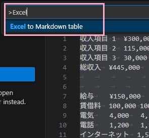 Excelからマークダウンに変換したいテーブルを範囲選択してコピーしてVisual Studio Codeに貼り付け、「F1キー」を押してコマンドパレットを開いたら「Excel to Markdown table」と入力してEnterキーを押す