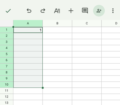 A1セルをタップ→ドラッグして下方向に引っ張り範囲選択状態にする