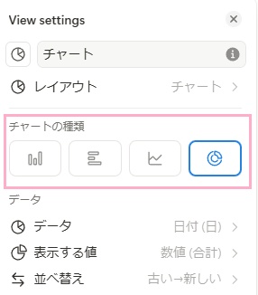 「設定」をクリックして→「チャートの種類」から、使用したいグラフのアイコンをクリック