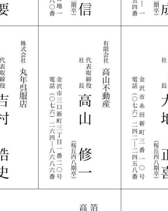 石川県立金沢桜丘高等学校
三桜同窓会　100周年
高山不動産　高山修一社長卒業
名刺広告