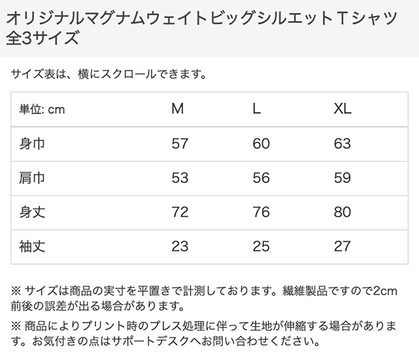 マグナムウェイトビッグシルエットTシャツのサイズ表