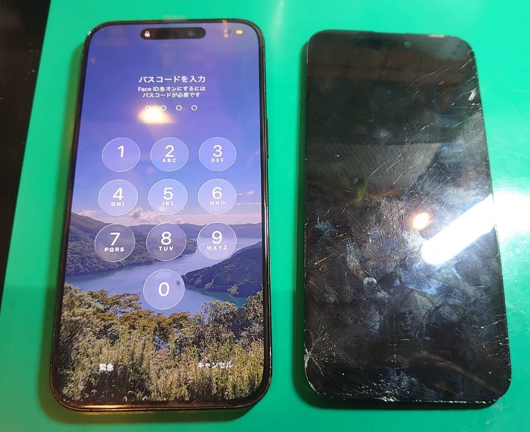 落下で割れたiPhone15ProMaxProの画面を交換しました✨【スマホ修理工房 調布パルコ店】