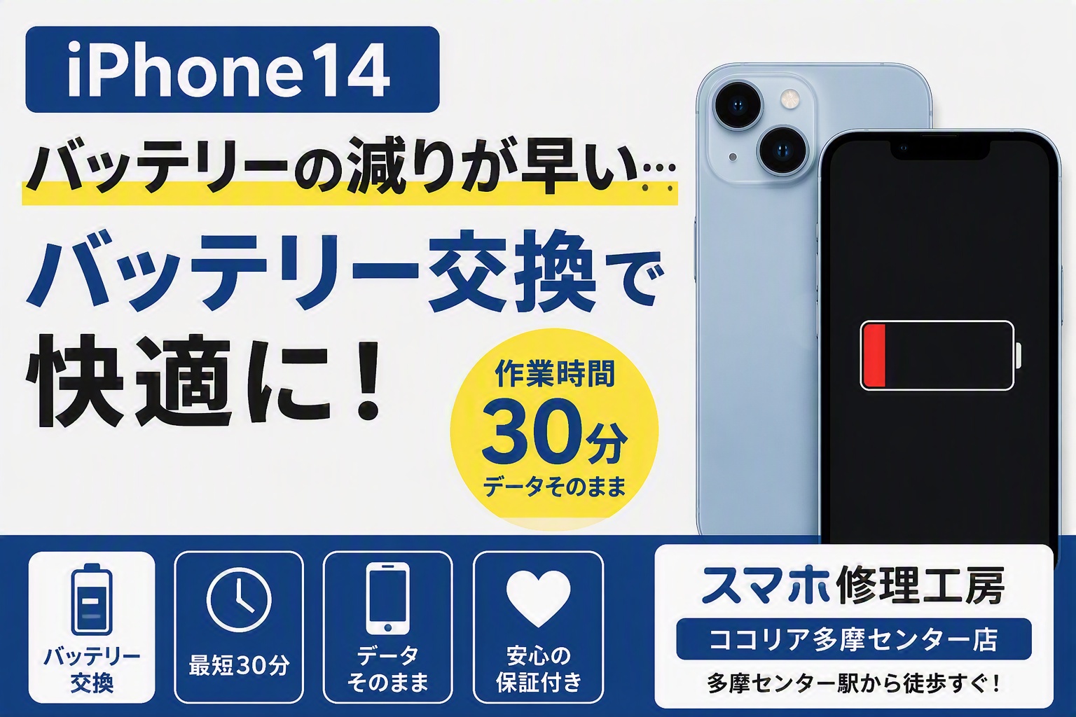 iPhone14のバッテリーがすぐ減る…それ交換のサインかも？30分で完了したバッテリー交換事例をご紹介！